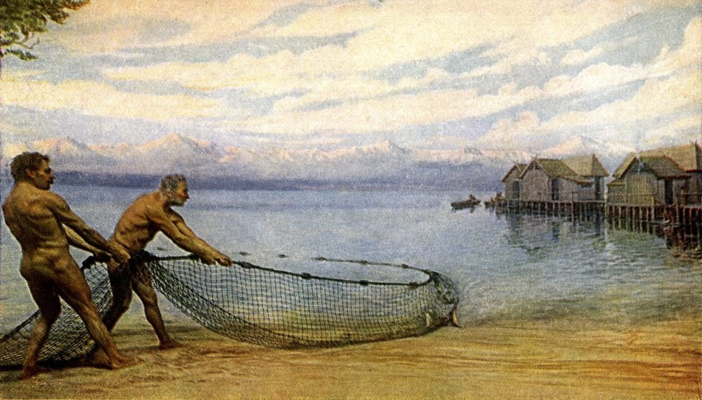 an illustration of early humans pulling fishing nets from a lake.