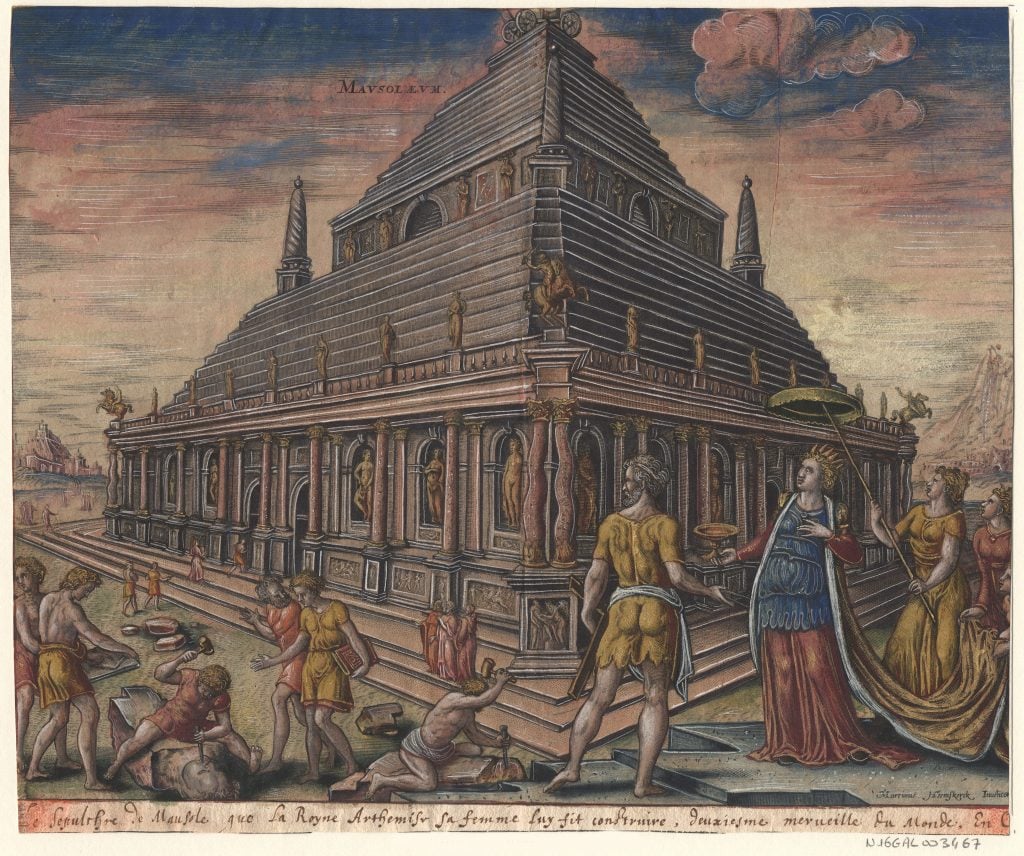 A colored illustration of the the Mausoleum at Halicarnassus. A noblewoman is led by a guide who shows her around the massive, pyramidal sculpture, with columns encircling it.