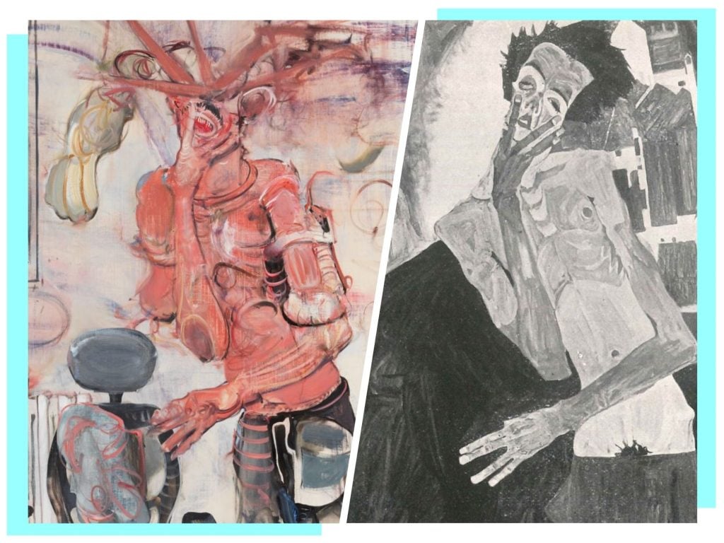 Left: Adrian Ghenie, Weltwehmut (2024). Right: Egon Schiele, Die Weltwehmut (1911).