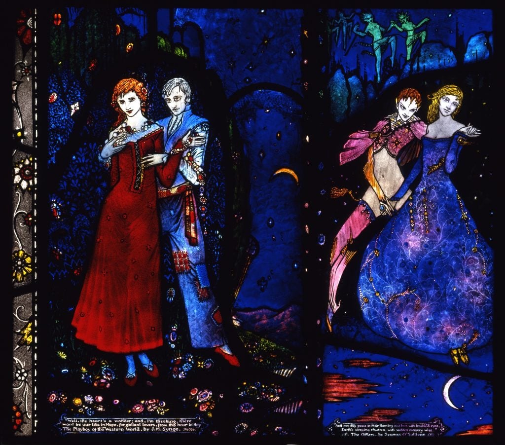 Harry Clarke, The Playboy of the Western World by John Millington Synge and The Others by Seumas O'Sullivan from Harry Clarke Geneva Window (1926–30). A beautifully rendered stained glass window pane with two couples in provocative poses, one with a man with very tight pants emphasizing his genitals and the other with the man holding a woman's hand over his crotch.