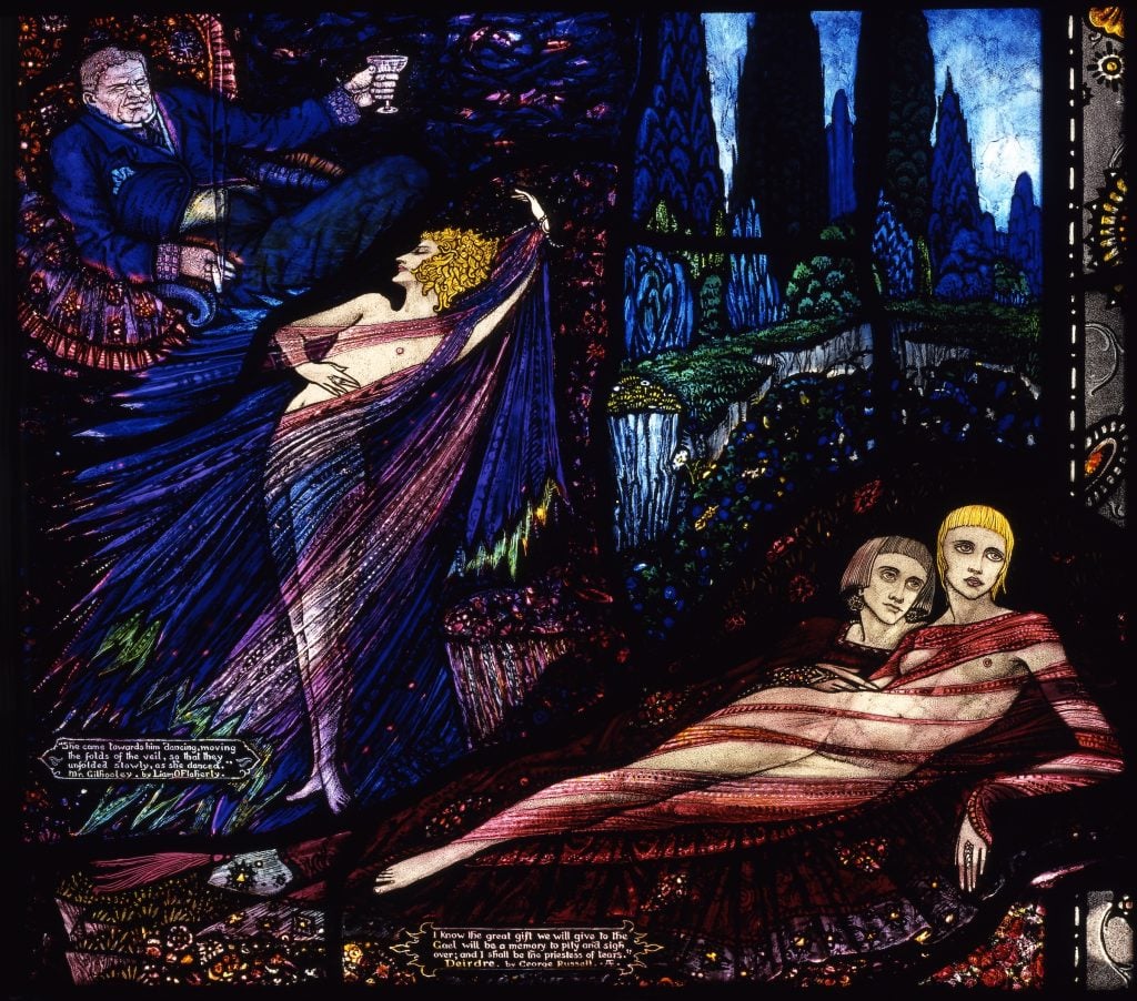 Harry Clarke, Mr. Gilhooley by Liam O'Flaherty from Harry Clarke Geneva Window (1926–30). A beautifully rendered stained glass window pane that was considered quite provocative at the time of its creation, the scene depicts a scantily clad woman dancing for a large middle-aged man, revealing her naked bosom, in the top left corner, and a nude couple reclining in bed on the lower right. 