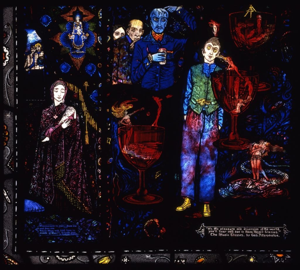 Harry Clarke, A Cradle Song by Padraic Colum from Harry Clarke Geneva Window (1926–30). A beautifully rendered stained glass window with several scenes in it, including a blue-skinned man who appears drunk.