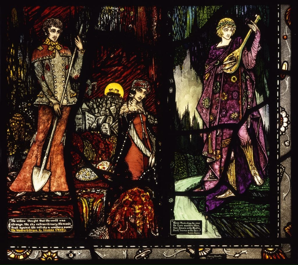 Harry Clarke, The Weaver's Grave by Seumas O'Kelly from Harry Clarke Geneva Window (1926–30). A beautifully rendered stained glass window with three figures on it: a man with a shovel, a woman in front of a graveyard, and a man with a lute.