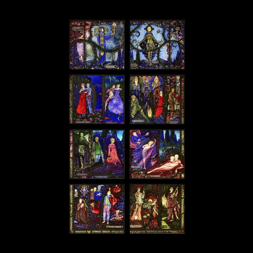 Harry Clarke, Geneva Window (1926–30). A stained glass window with eight panes in two columns of four against a black background. The delicately drawn images depict scenes from early 20th-century Irish literature. 