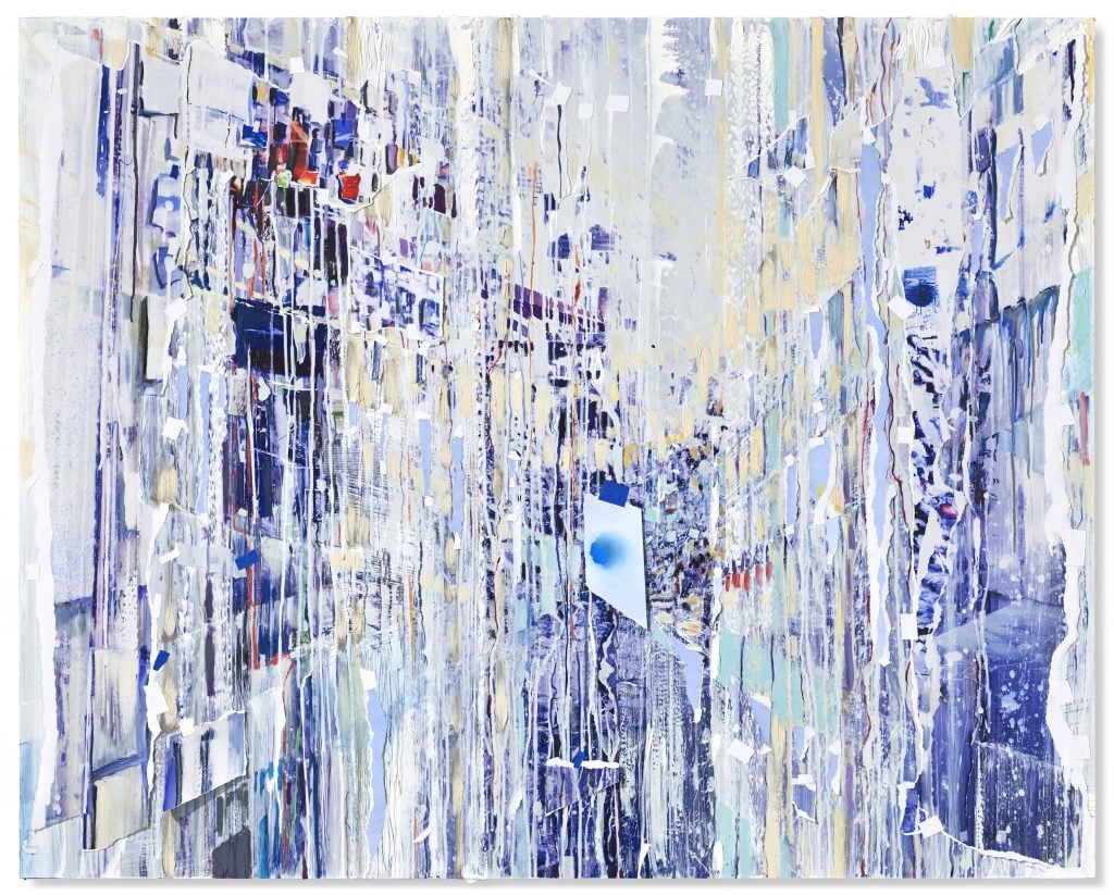 an abstract painting in whites an blues