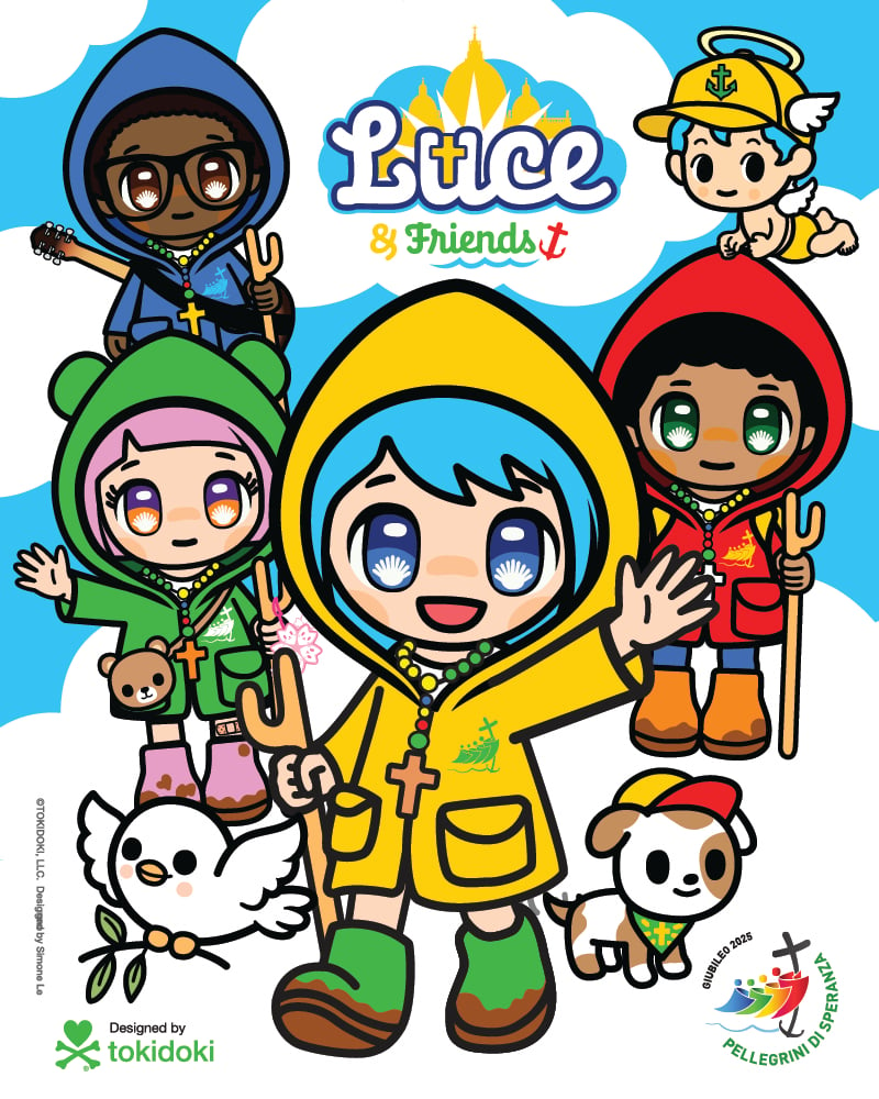 a poster on which cartoon anime-style young characters wave at us, in the center is a girl with blue hair and a yellow hooded rain jacket under the word 'Luce', and her friends wear green, red, and blue jackets and surround her