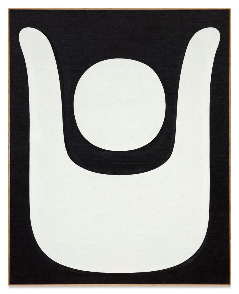 a painting depicting a biomorphic white shape on black background