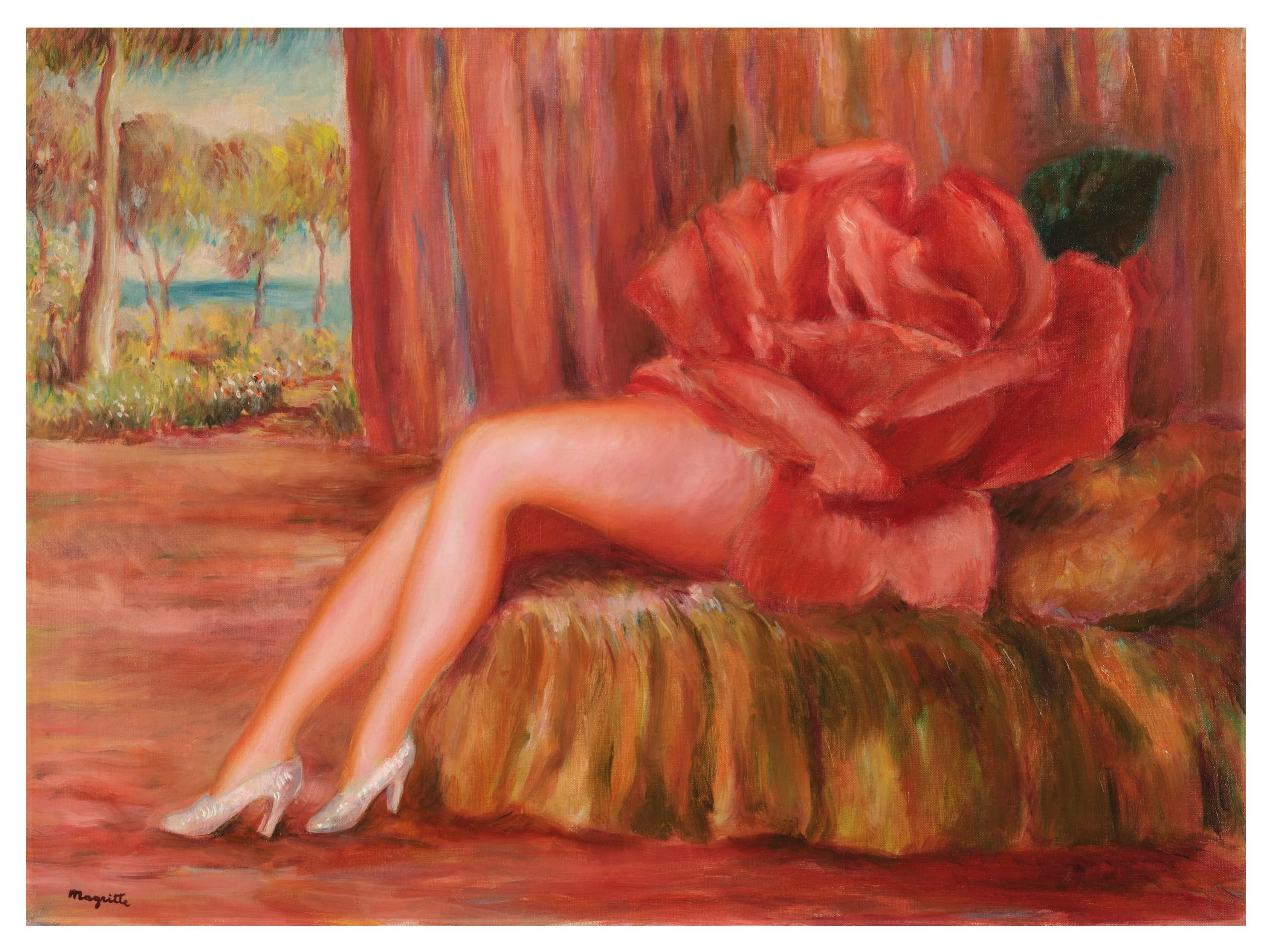 A painting of a woman who is part red flower