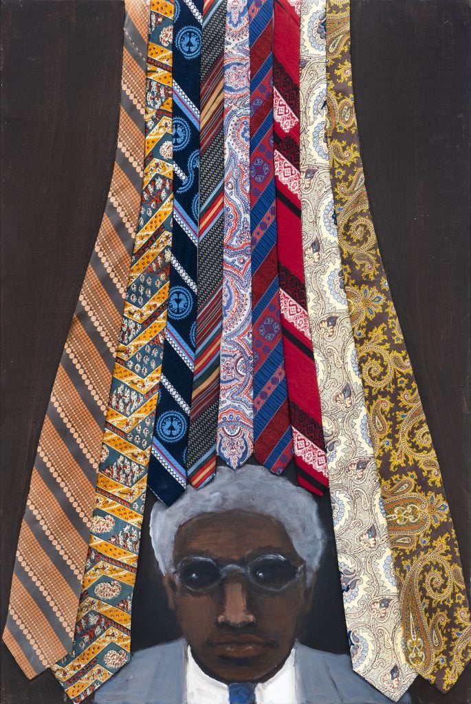 an artwork uses neckties to depict a black businessman 