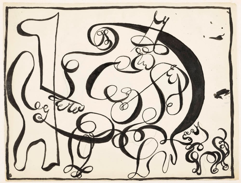 a black ink drawing by Picasso with lines that evoke music