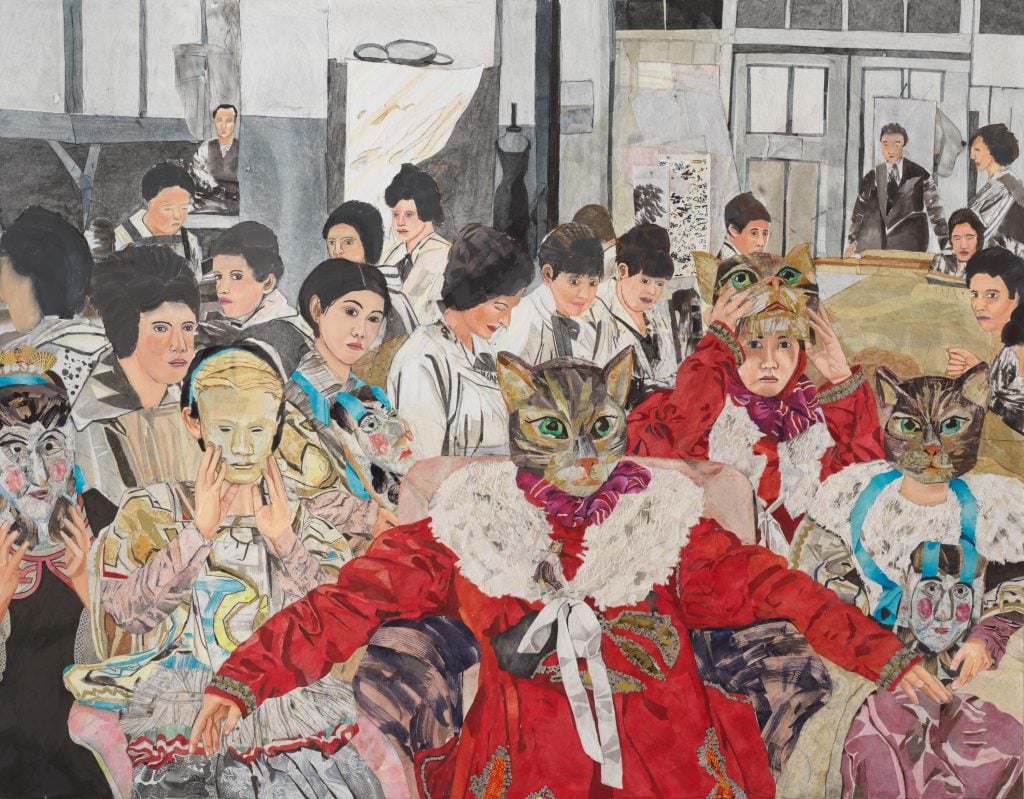 A detailed collage depicting a group of people in an indoor setting, with some wearing cat masks and vibrant clothing, while others observe or interact in a subdued, muted background