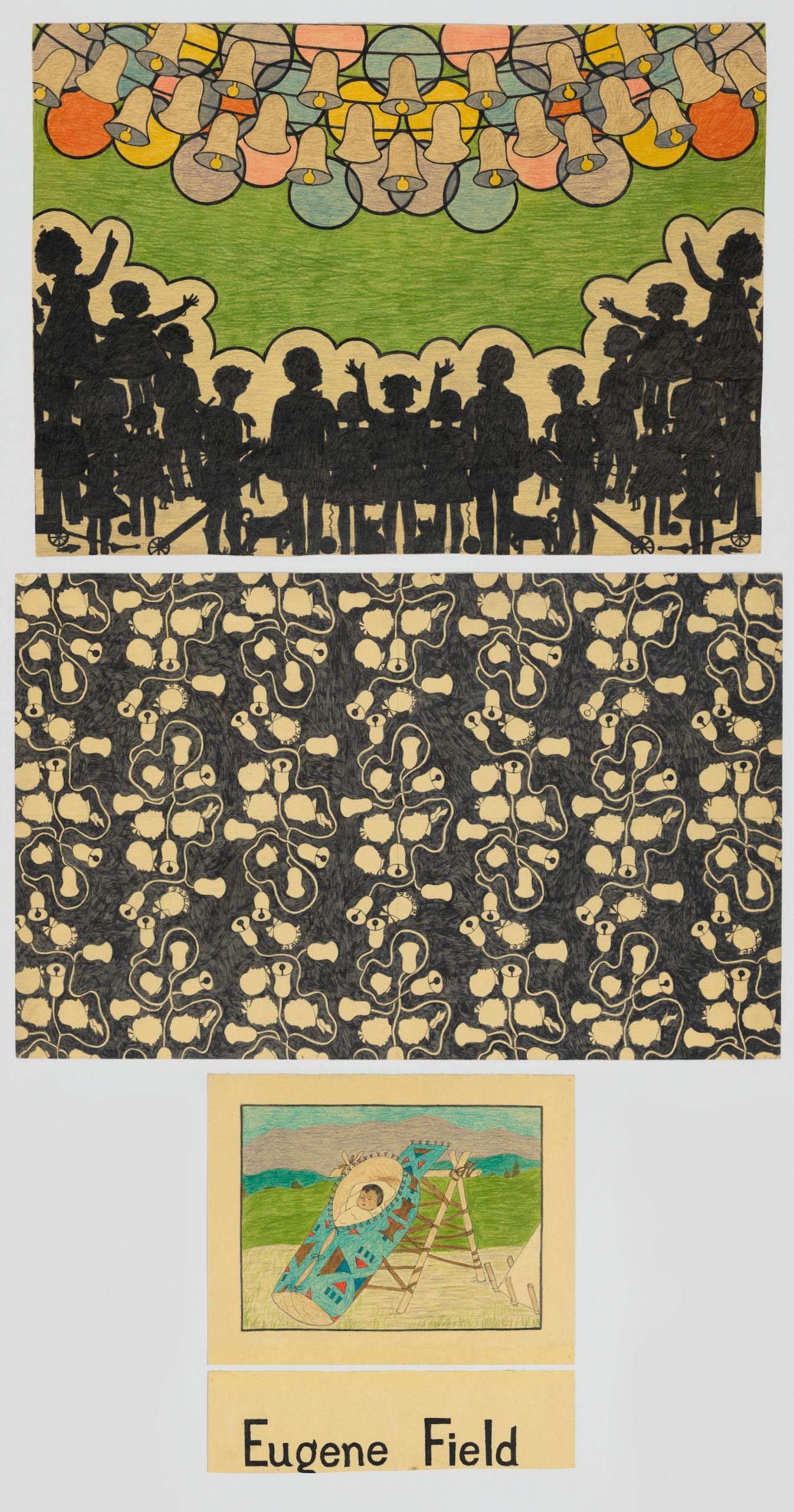 Mary Sully, Eugene Field. This is among Sully’s most distinctive “personality prints,” as it features two figural panels. The top pictures a group of children, in black silhouette, responding to an aural and visual sounding of colorful bells; in the middle, the motif of bells and profiles is abstracted in a dialogue between positive and negative space. The bottom panel, likely a drawing Sully produced to accompany her sister Ella Deloria’s ethnographic writing (possibly a book for children), shows a baby in a cradleboard near a Plains tipi. 