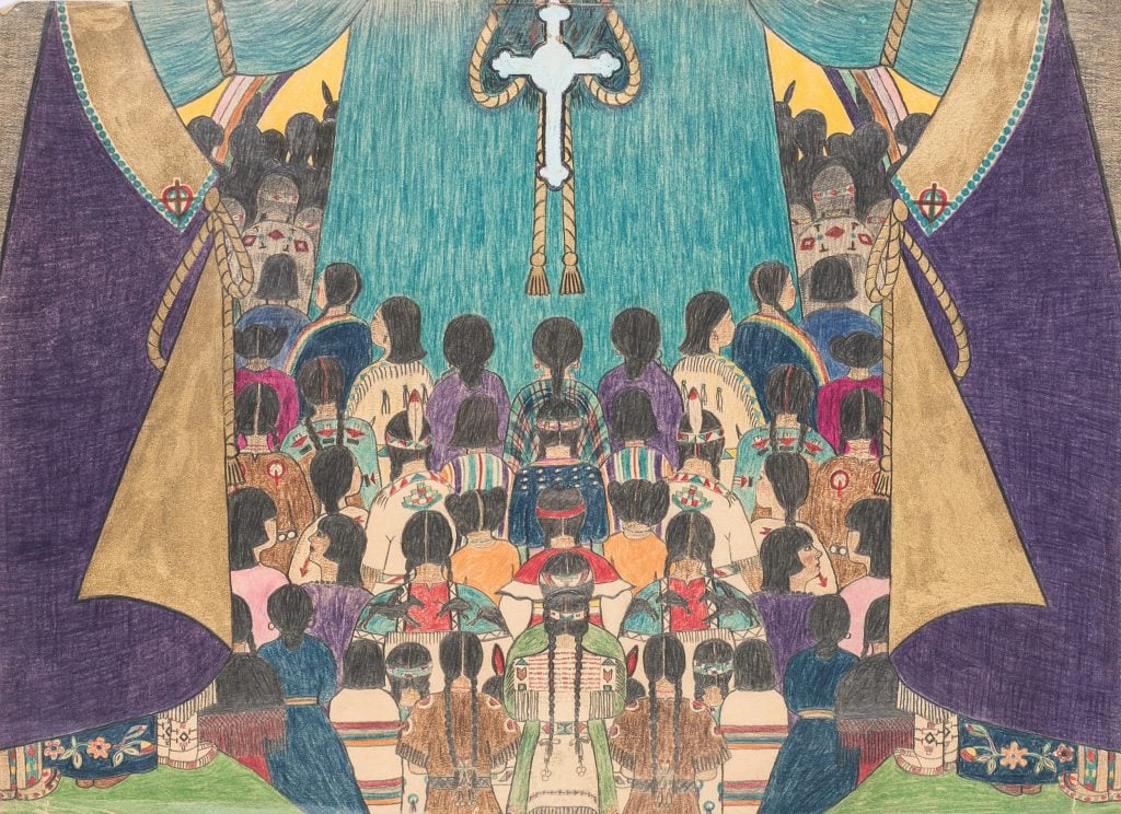 Mary Sully. Indian Church. This symmetrical figurative drawing shows a crowd of Native Americans in traditional attire sitting facing an altar. The blue altarpiece in the center, with a crucifix, appears to also be a large robed figure. On the sides, there is more fabric, suggesting the scene we are watching in taking place inside a tipi. 