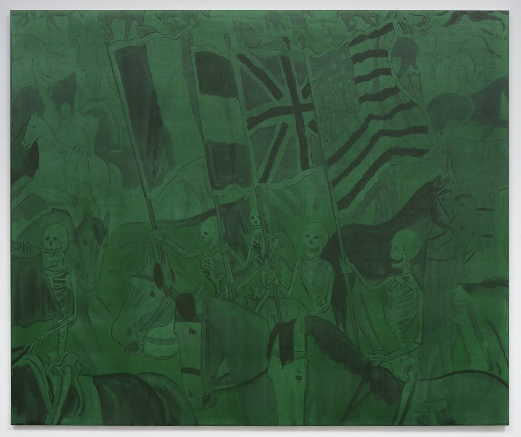 a painting of skeletons on horseback holding flags, painted in shades of green