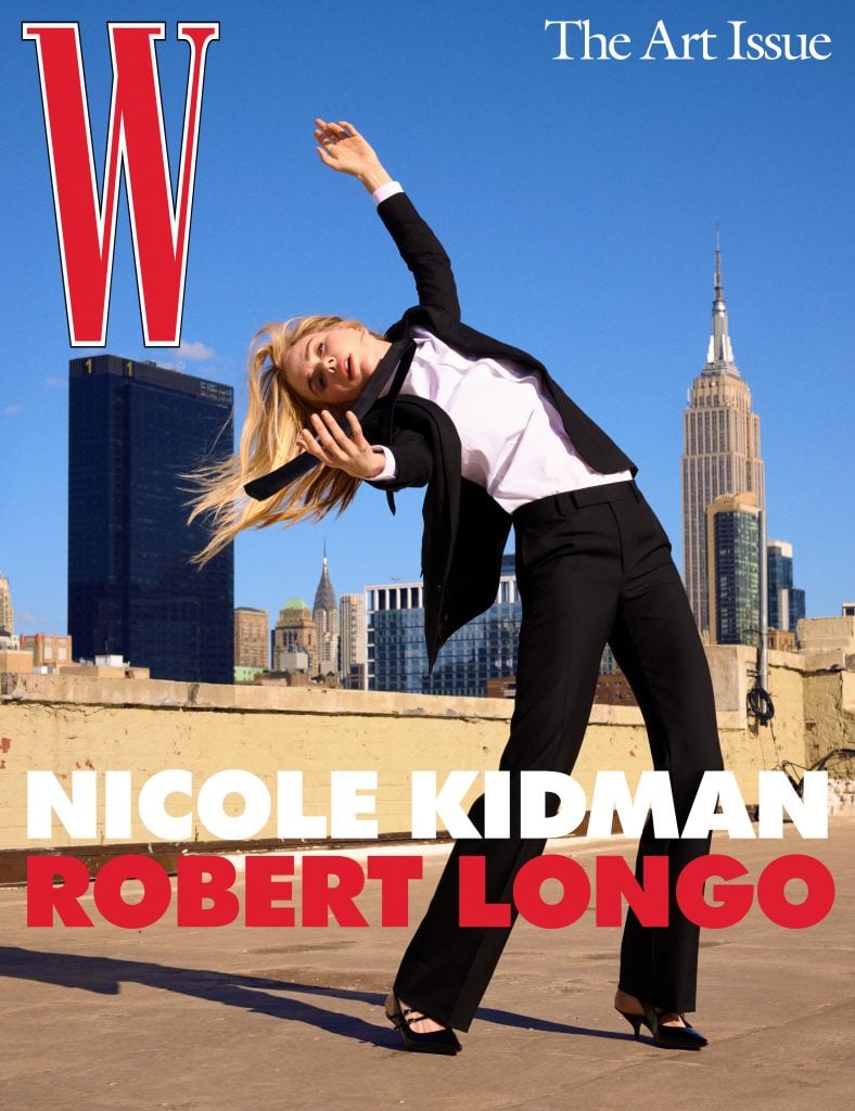 W Magazine cover showing Nicole Kidman in a suit bending backwards dramatically on a Manhattan rooftop.