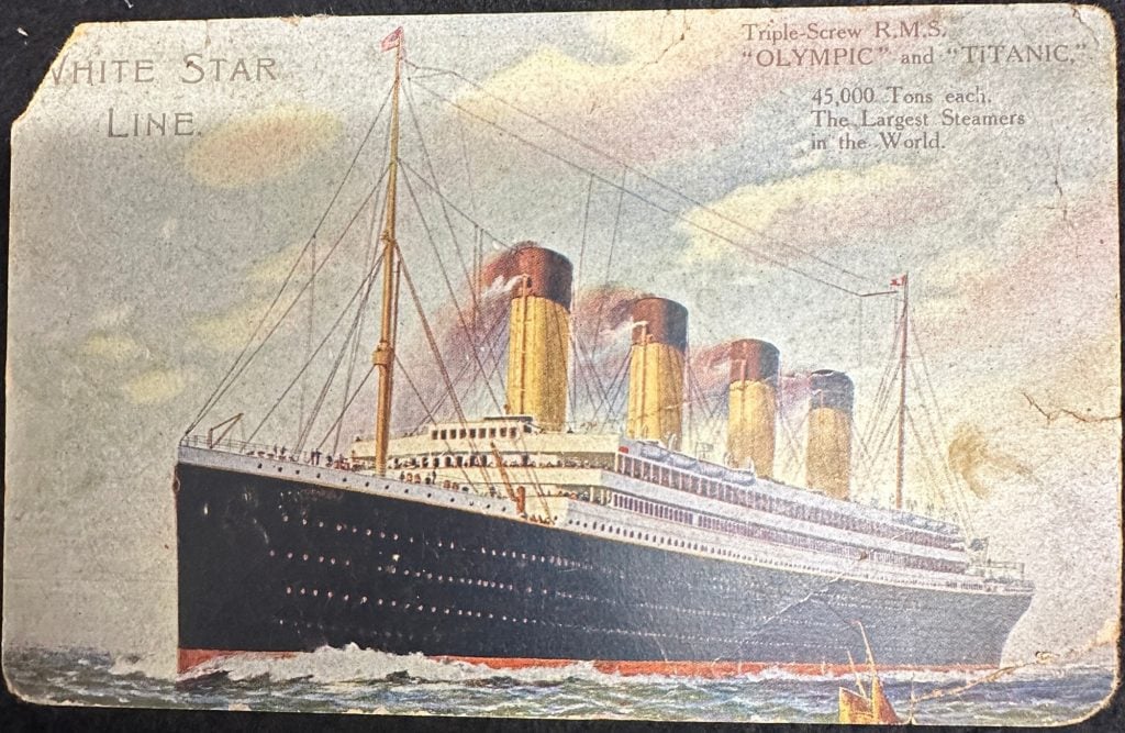 an old illustration of a very large ship liner like the Titanic with the words 'White Star Line' scrawled in the top corner