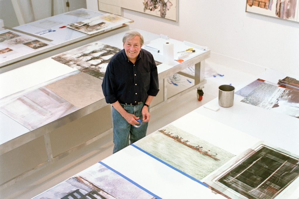 Robert Rauschenberg working on the Short Stories series at his studio, 2000