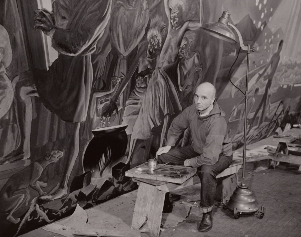 Consuelo Lee photograph of Rockwell Kent working on Power, a mural for the World's Fair, 1939.