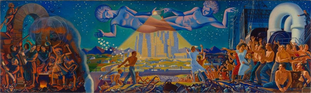 Rockwell Kent, Power (1939). The Art Deco-style painting is an allegory of man's progress thanks to electricity. On the right, men toil in darkness, practicing sorcery before a cauldron over an open flame. In the center, two larger-than-life nude figures, one male, one female, float over a modern city of skyscrapers, sending forth a beacon of light representing progress. Smaller figures of men and women are drawn to the light, with a crowd on the left in front of a massive electrical turbine.