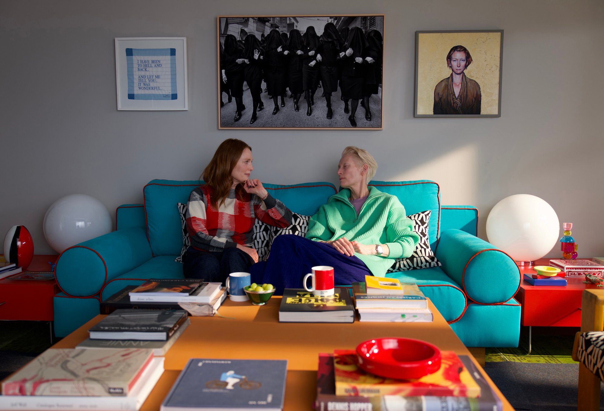 an image of Juliane Moore and Tilda Swinton talking on a couch