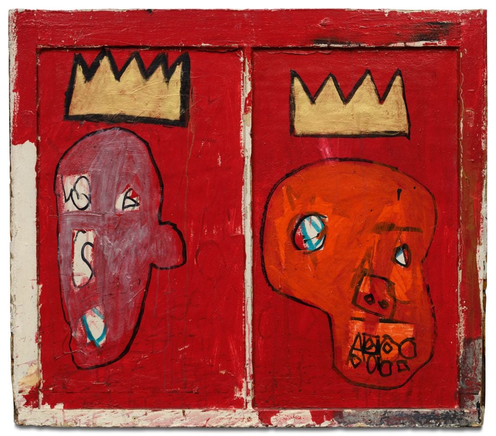 an image of two raw graffiti style heads with crowns on a red background canvas