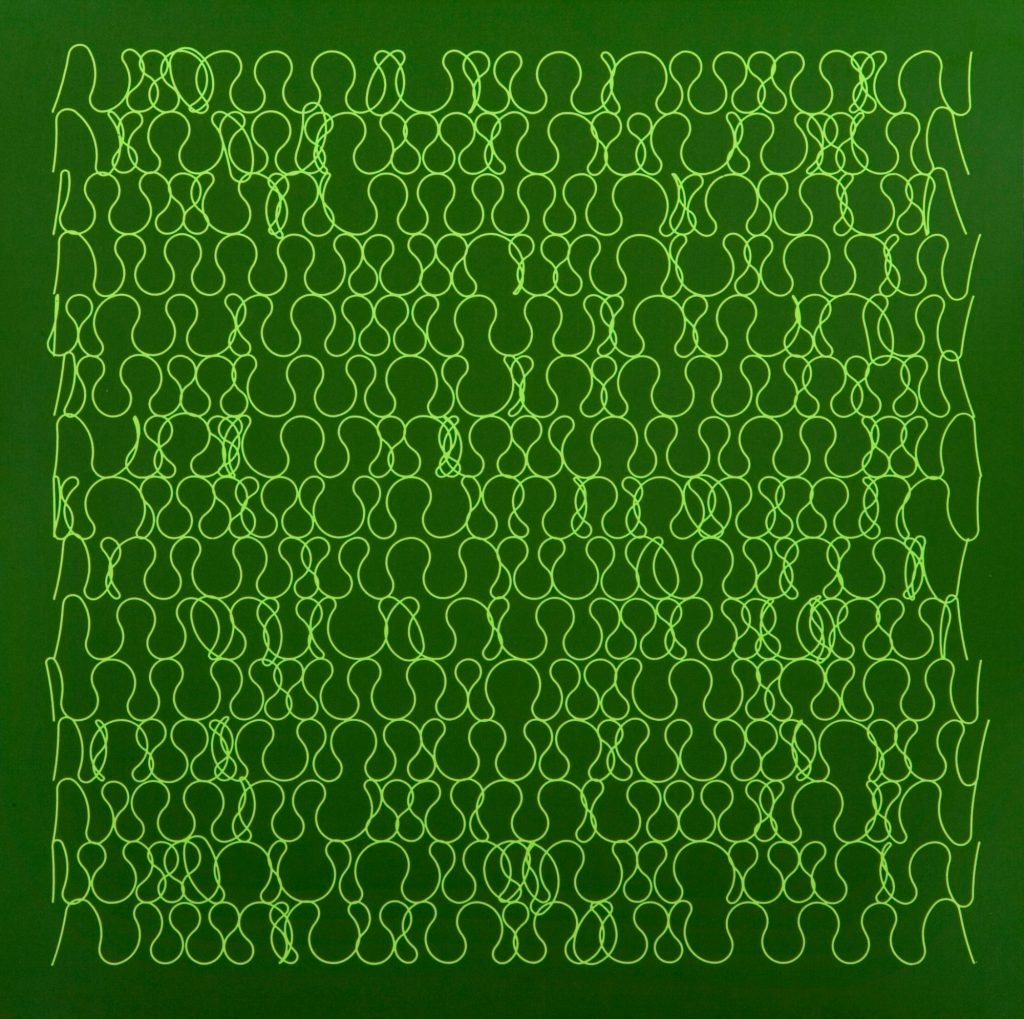 a green square ground with lighter green squiggles arranged in rows running horizontally across