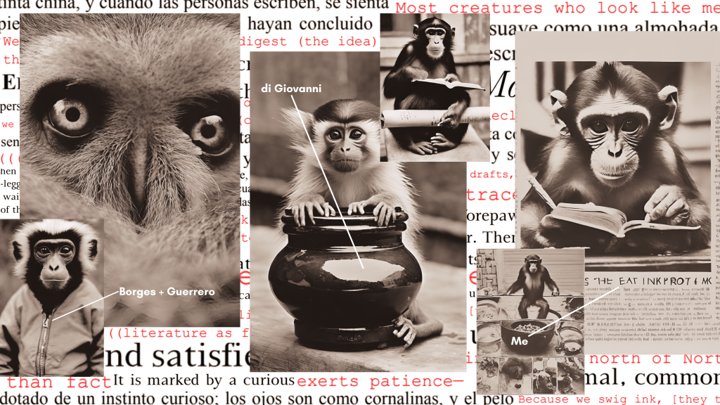 a photo an text collage featuring several images of monkeys with black and red lettering in the background