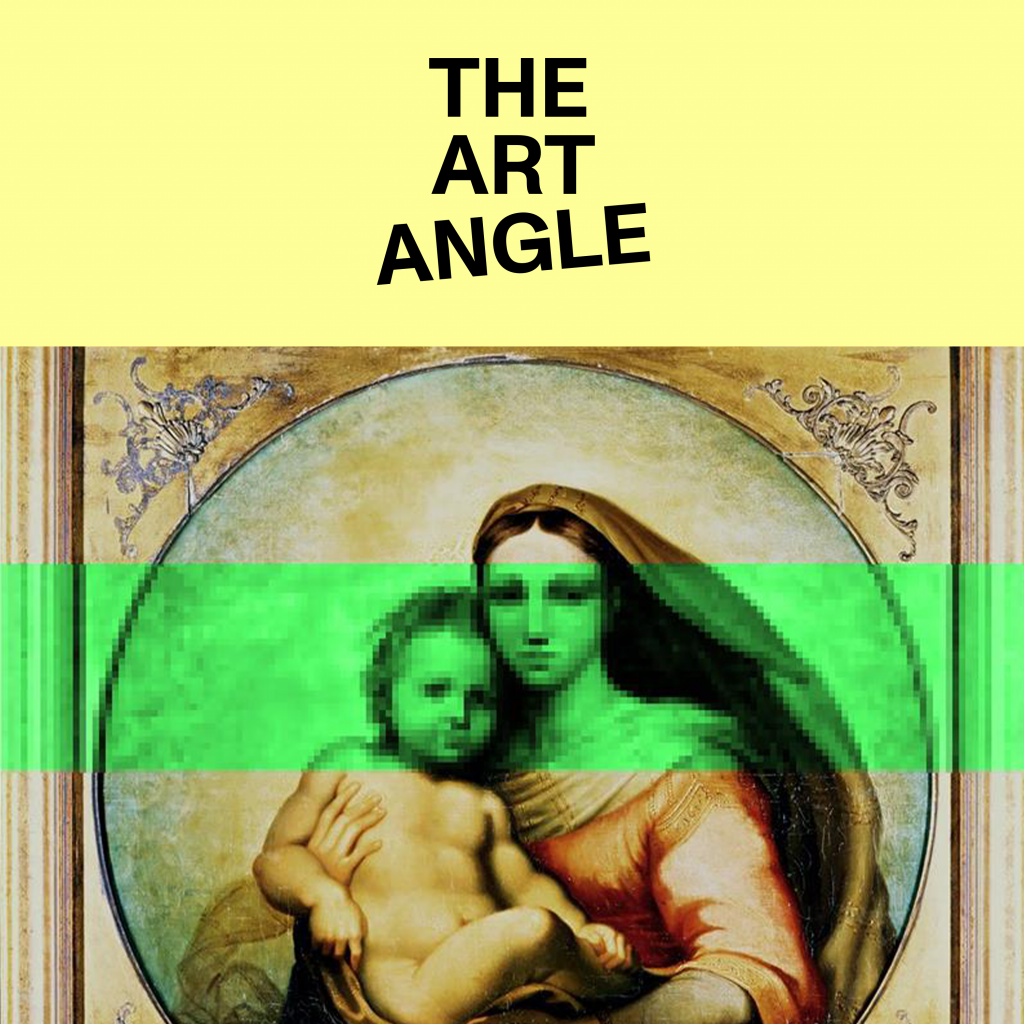 A classical painting of the Madonna and Child disrupted by a horizontal green glitch effect.