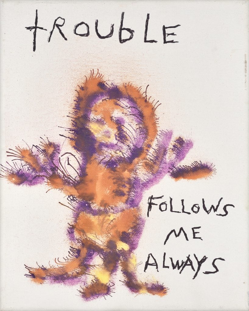 A sketchy, abstract figure in orange and purple with the text "TROUBLE FOLLOWS ME ALWAYS" written above and beside it.