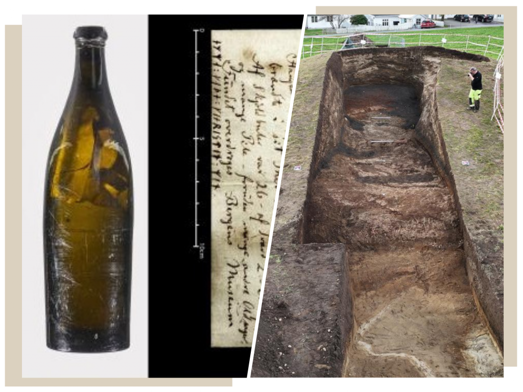 a dual image of a glass bottle and a long narrow and deep trench in the ground