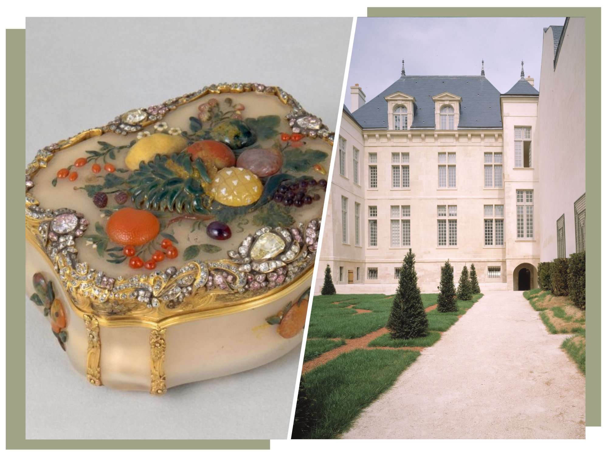 at left a bejeweled snuff box, and right a white-washed chic museum facade