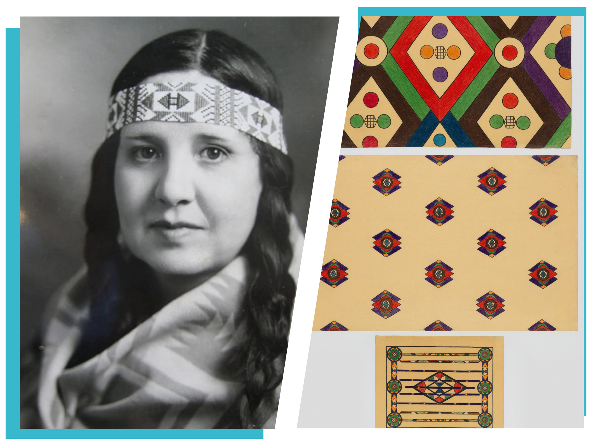 a split image of a black and white portrait of an indigenous woman and her artwork