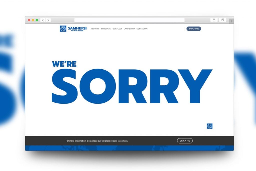 a screenshot of a website with a white background and the words 'we're sorry' written in large blue letters