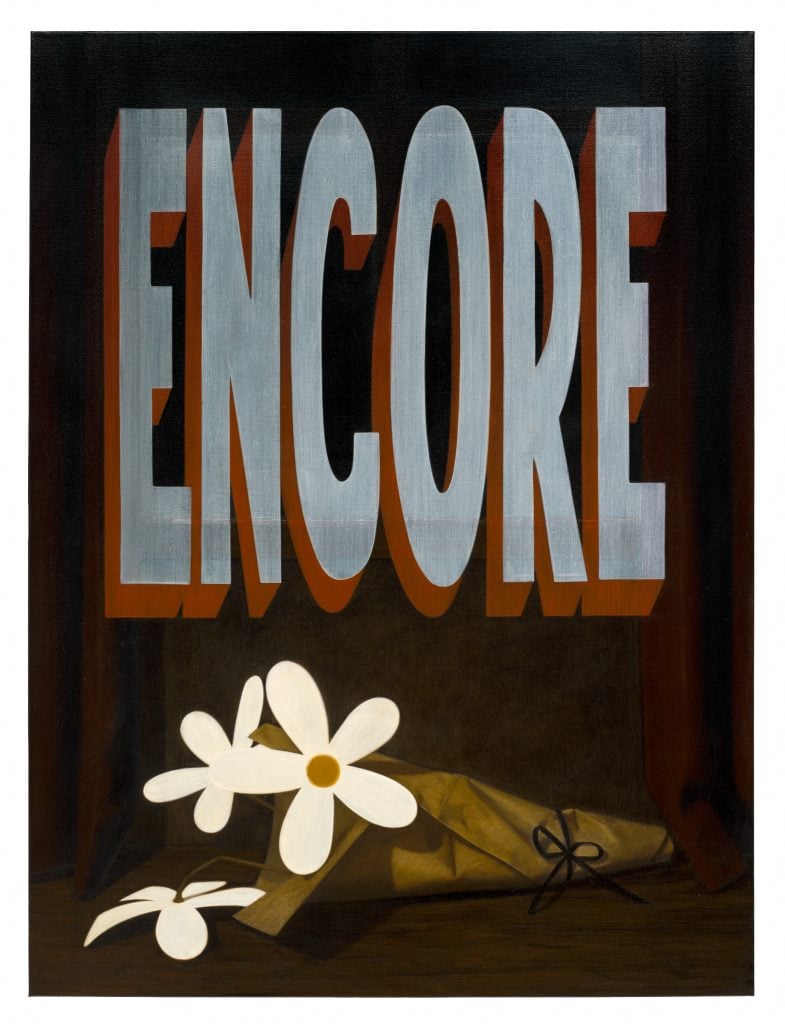 Against a dark background three flowers wrapped in paper lie underneath the word "ENCORE" in blue with red shadow.