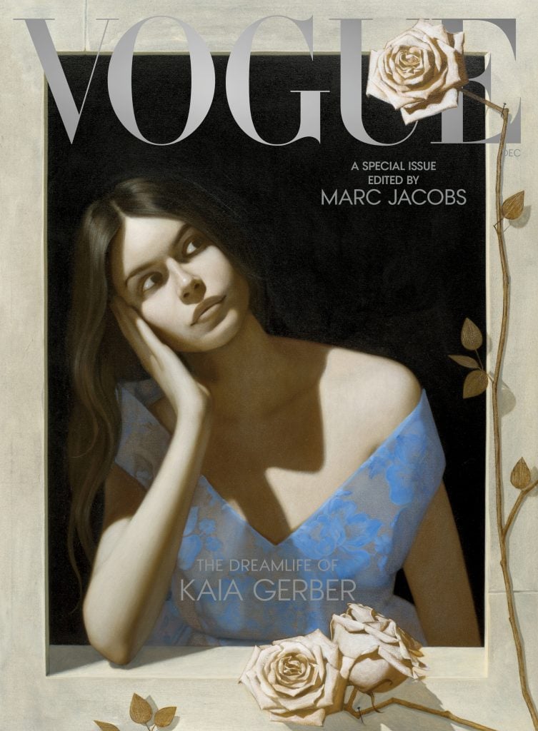 Painted Vogue cover featuring the magazine name above a woman in a blue dress staring out of a window with hand supporting her head.