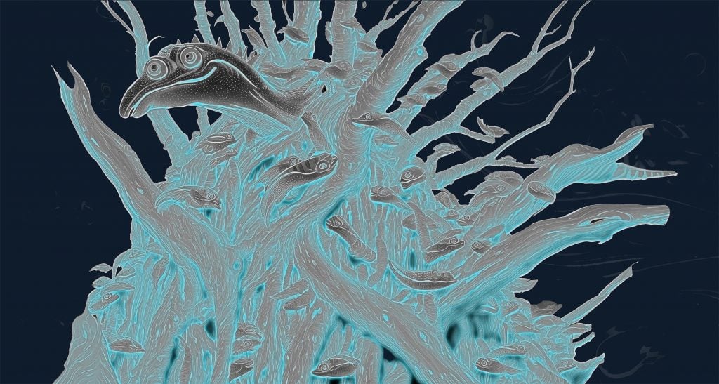 A negative film of an eerie looking creature intertwined with branches