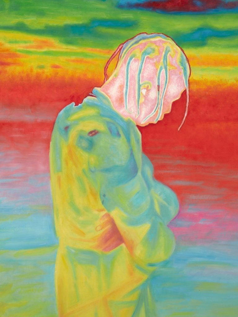 A surreal, colorful painting of a person with a melting or distorted face, set against a vibrant background of green, red, and yellow hues