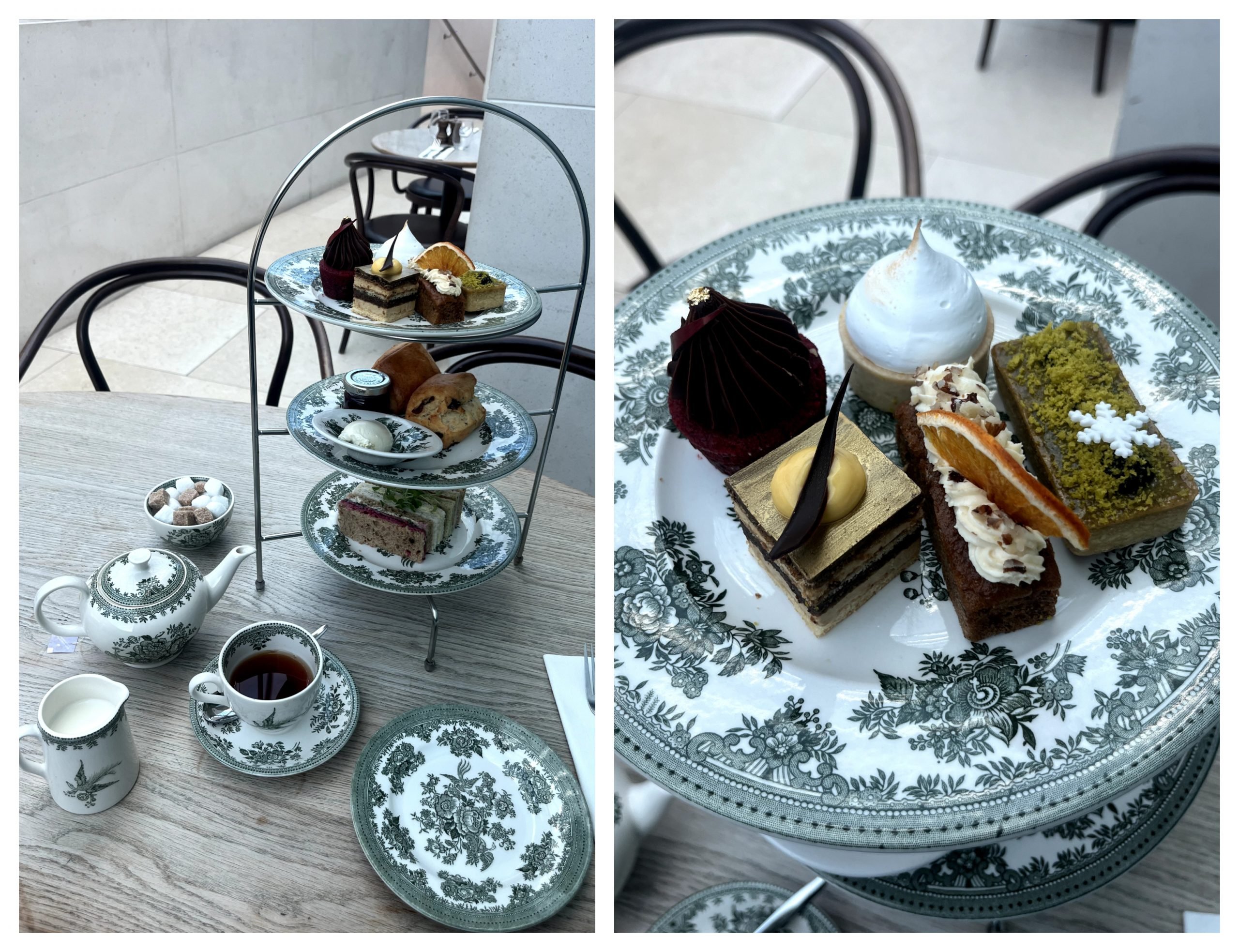 two photos of afternoon tea in a light interior restaurant setting. one on the left shows the layered plates of finger sandwiches, scones with clotted cream and jam, and little cakes beside a tea pot and cup with tea in it, on the right is a close up of the five little cakes