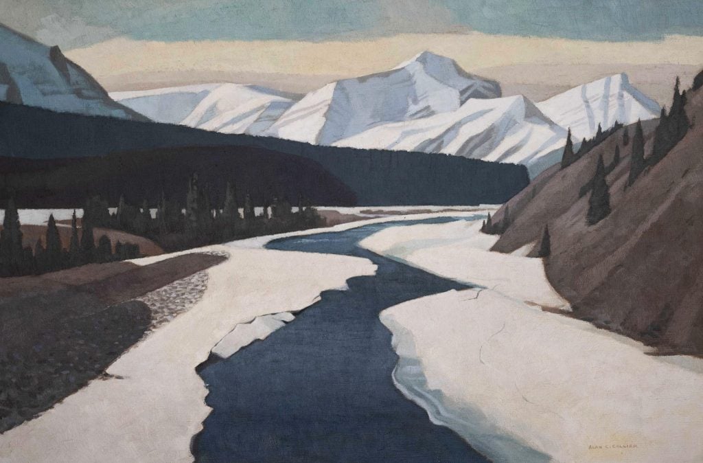 A snowy natural landscape showing a frozen river leading to snow covered mountains, offered by Andrew Rookley through Rookleys.