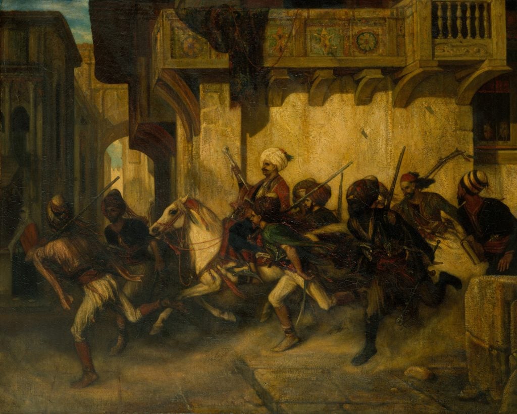 Painting by Alexandre Gabriel Decamps showing a patrol of riders and soldiers on foot in traditional Turkish garb.