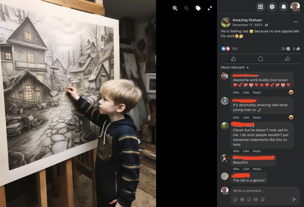 A Facebook page where a young boy is shown making a super detailed drawing