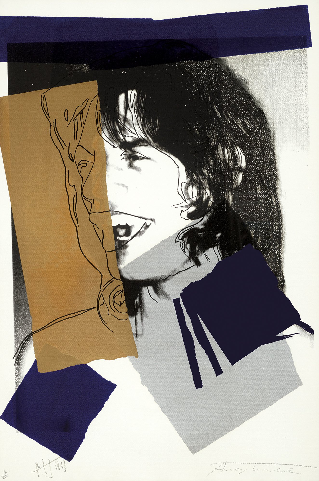 Screen print by Andy Warhol with a black-and-white portrait of Mick Jagger with overlain rectangles of ochre, navy, and gray.