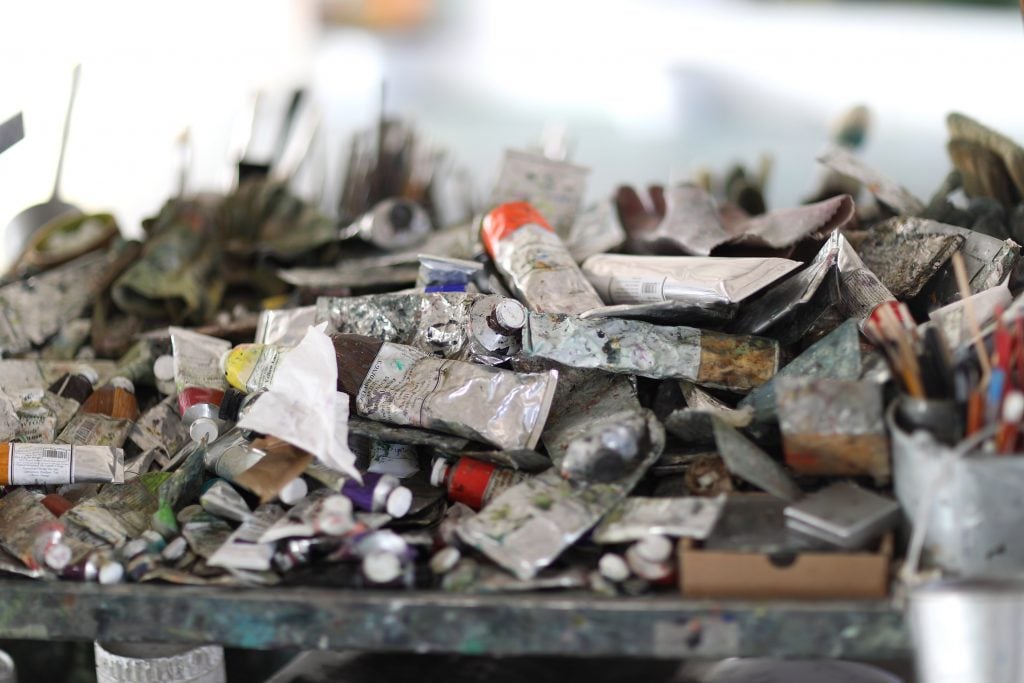 An artist's paints in his London studio.