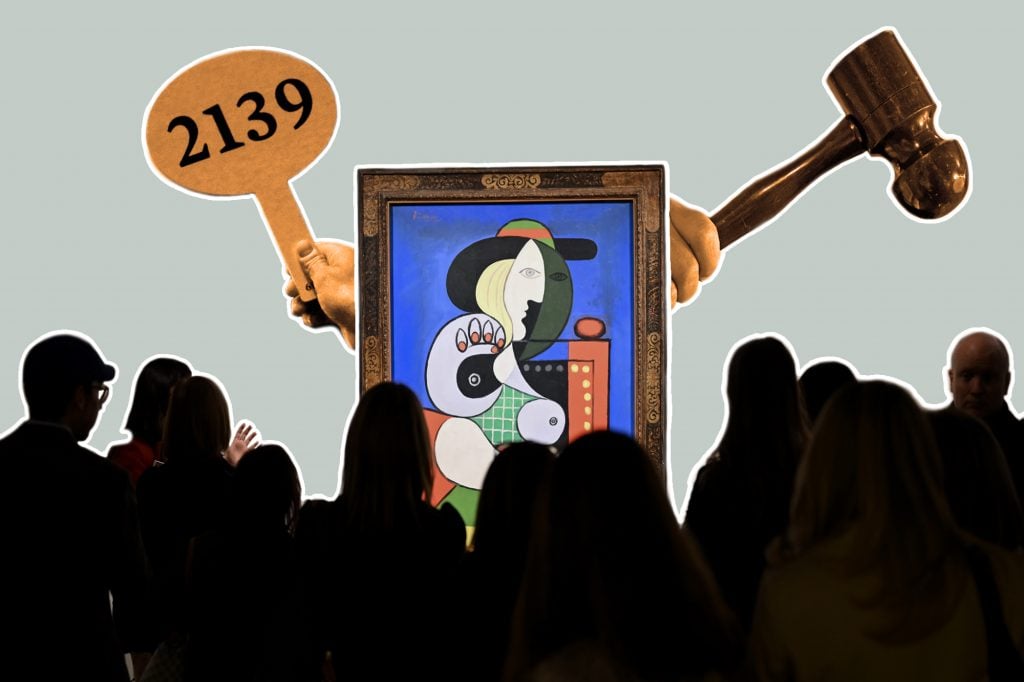 A photo composite of an auction paddle, gavel, Picasso painting, and a crowd.