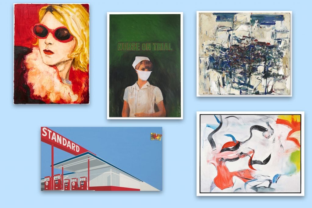 Clockwise from left: Elizabeth Peyton's Kurt (Sunglasses), Richard Prince's Nurse on Trial, Joan Mitchell's City Landscape, Ed Ruscha's Standard Station, Ten-Cent Western Being Torn in Half, and Willem de Kooning's Untitled XXV. Photo: Courtesy Phillips; Courtesy Sotheby's; Courtesy of Christie's Images, Ltd.; ©2023 Edward Ruscha. Photo: Evie Marie Bishop, Courtesy of the Modern Art Museum of Fort Worth; Courtesy Sotheby's