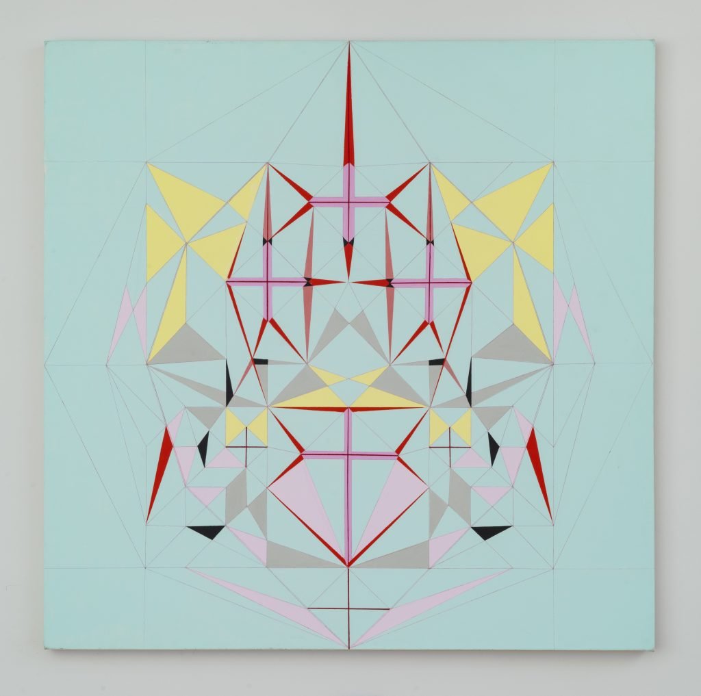 Painting by Audra Skuodas that is a multi-color geometric abstraction on a field of robin's egg blue.