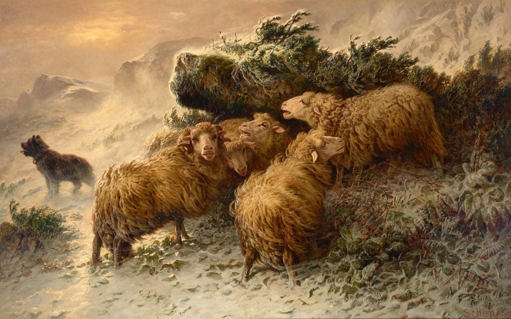 August Friedrich Schenck painting of a small heard of sheep huddling together in a snow storm with a sheep dog in the background.