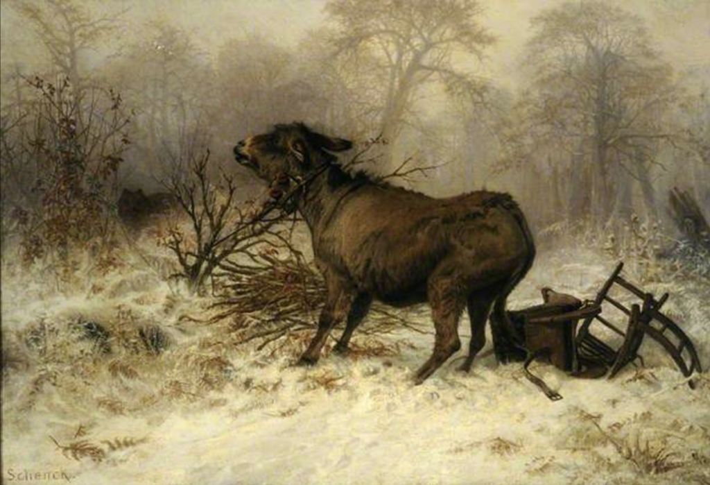 August Friedrich Schenck painting of a donkey tangled in his harness and a bush as a wolf approaches.