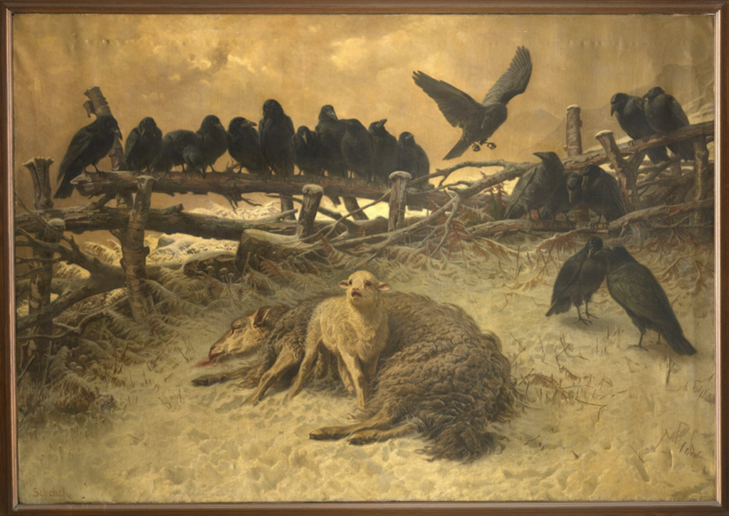 August Friedrich Schenck painting by L’Orphelin, souvenir d’Auvergne showing a little baby lamb next to his dead mother surrounded by a murder of crows.