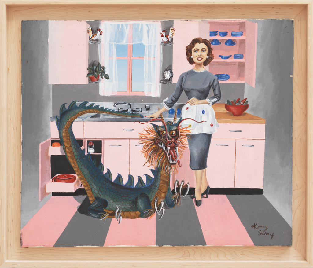 A photograph of a framed Kenny Scharf painting depicting a housewife petting a dragon in her pink kitchen.